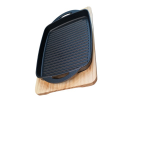 Сковородка-гриль чугунная квадратный с деревянные подставка 27см (TB8257)