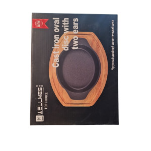 Сковородка чугунная с деревянные подставка 26*14см YH2814