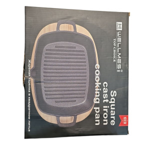 Сковородка-гриль чугунная квадратный с деревянные подставка 26*26см WN2303